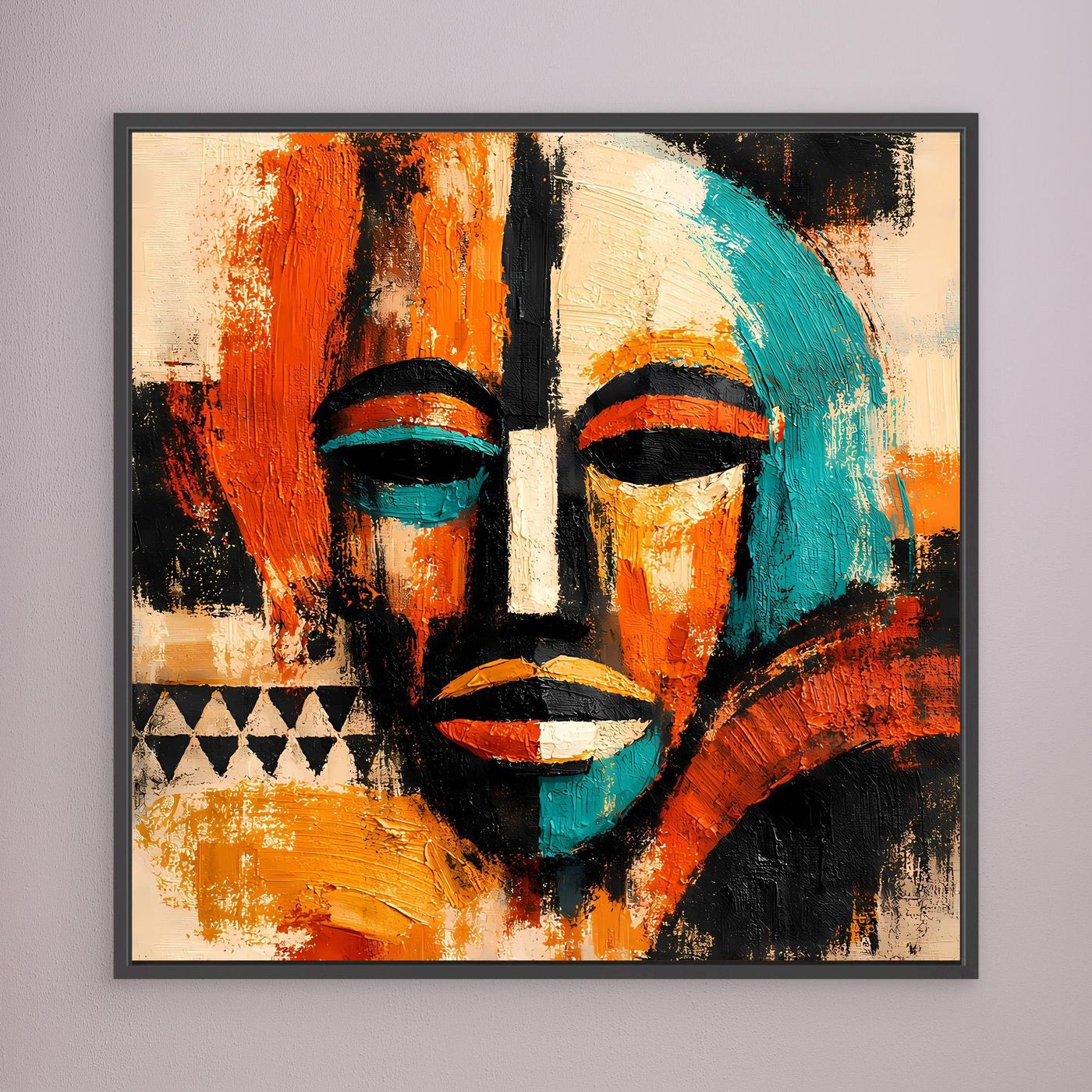 Framed abstract mask portrait wall art with teal, orange, black and white highlights.