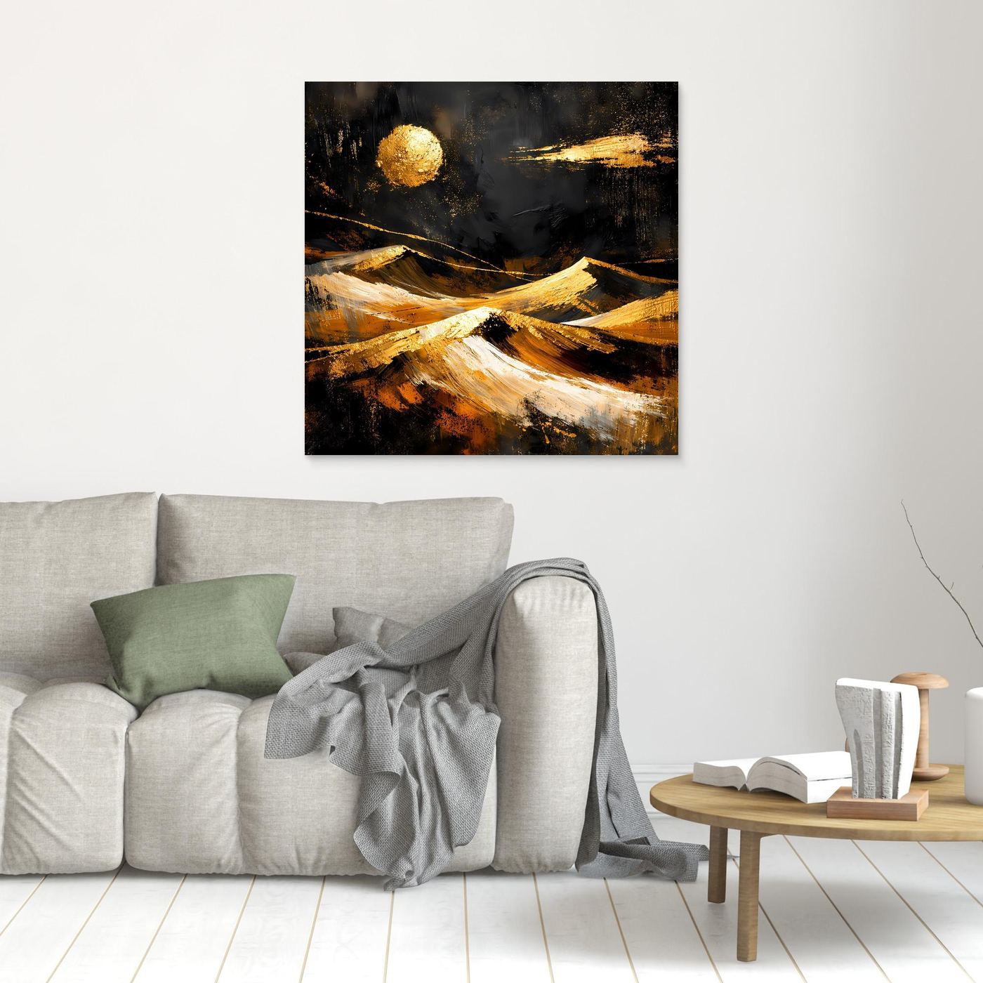 Leinwand Goldene Wüstenlandschaft bei Nacht | Abstraktes Dünen Wandbild Modern