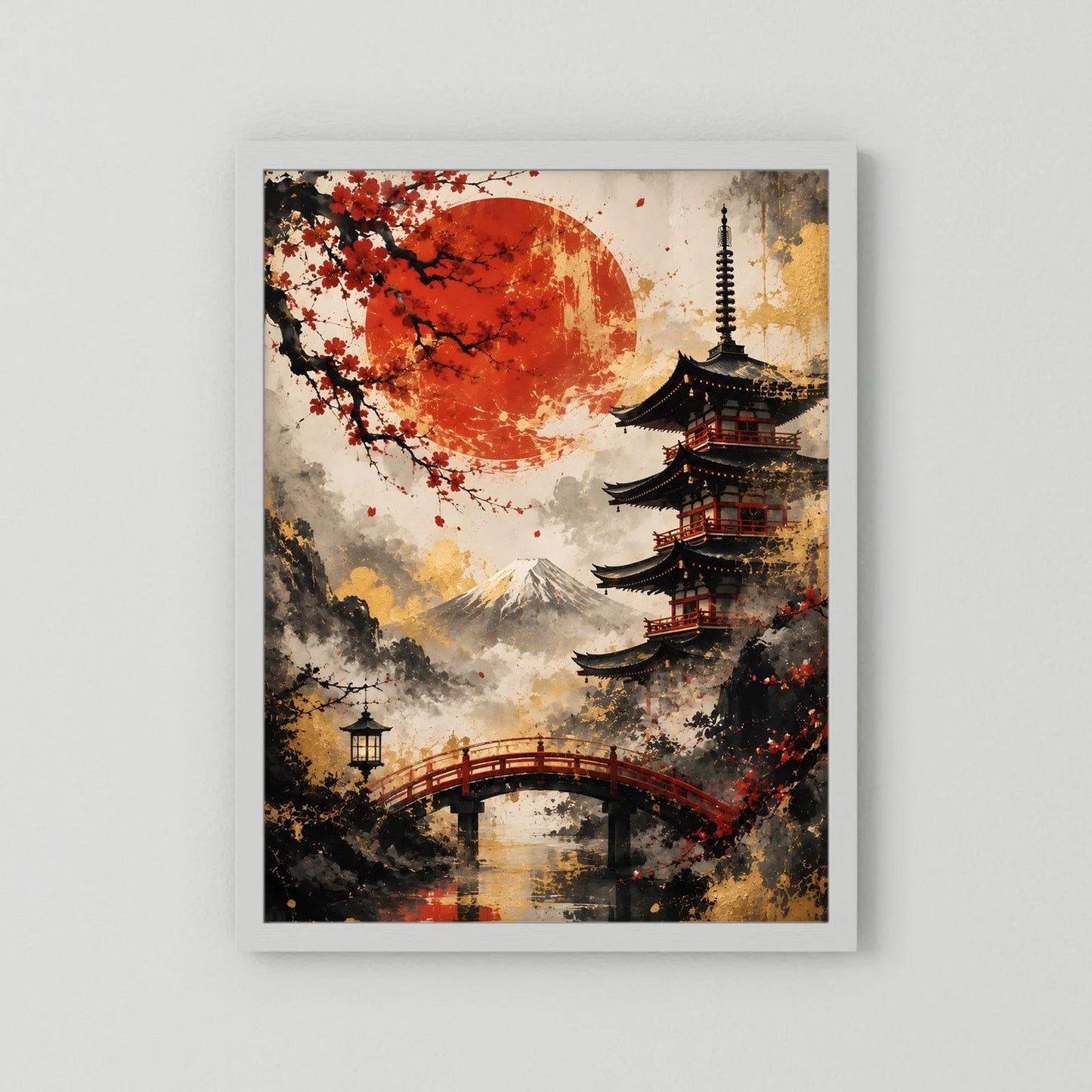 Wandbild mit Pagode, roter Sonne und Kirschblüten an Flussbrücke im weißen Rahmen