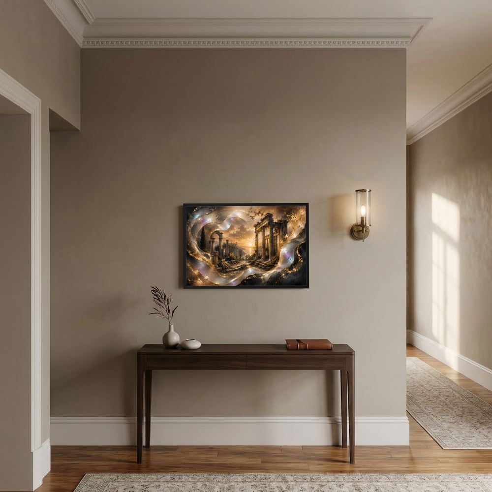 Gerahmter Poster-Druck mit goldener Tempellandschaft und Ruinen, Querformat