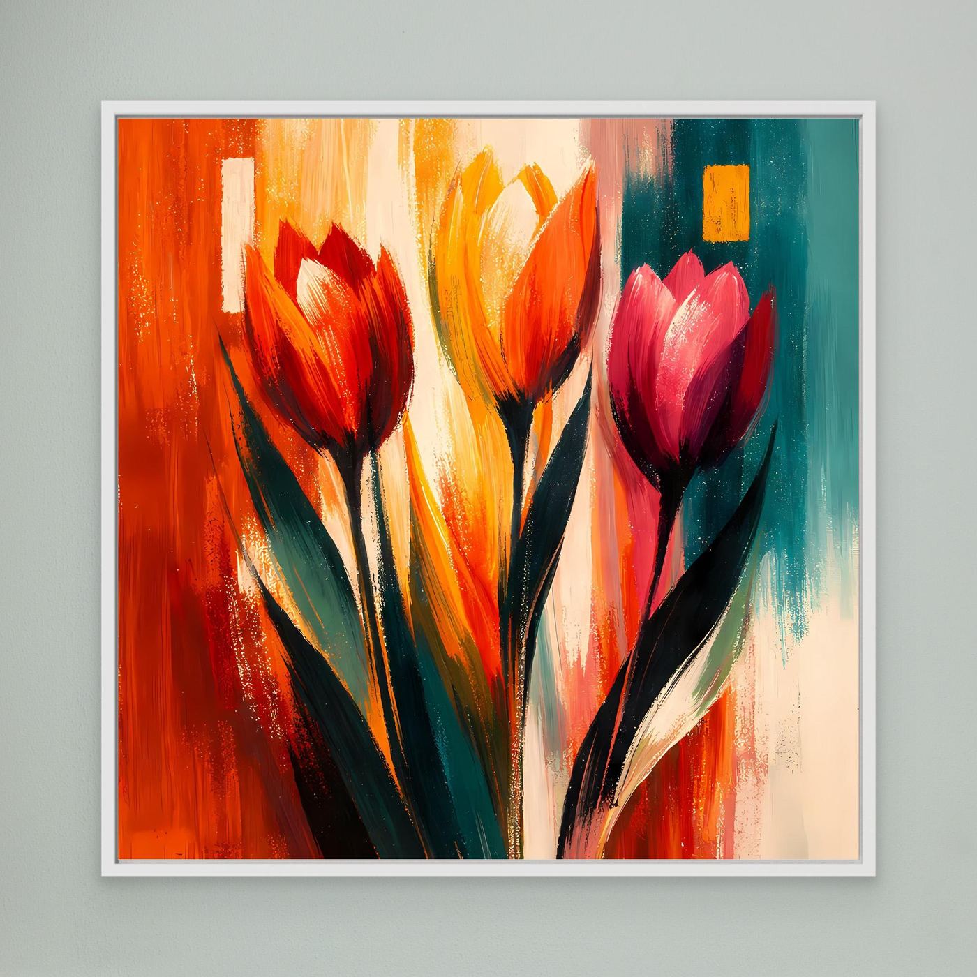 Leinwandbild mit abstrakten Tulpen in Rot, Orange, Gelb und Türkis, weiß gerahmt