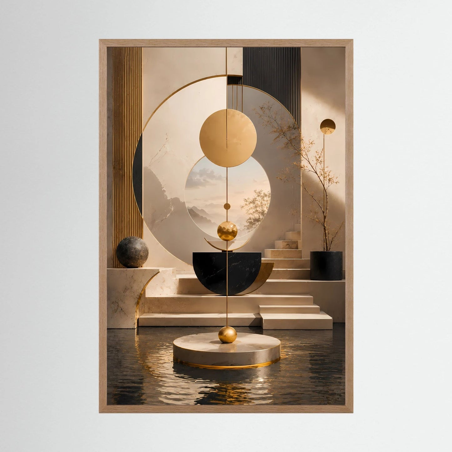 Abstraktes Geometrie-Poster im Hochformat mit Eichenrahmen, Creme-, Schwarz- und Goldtönen