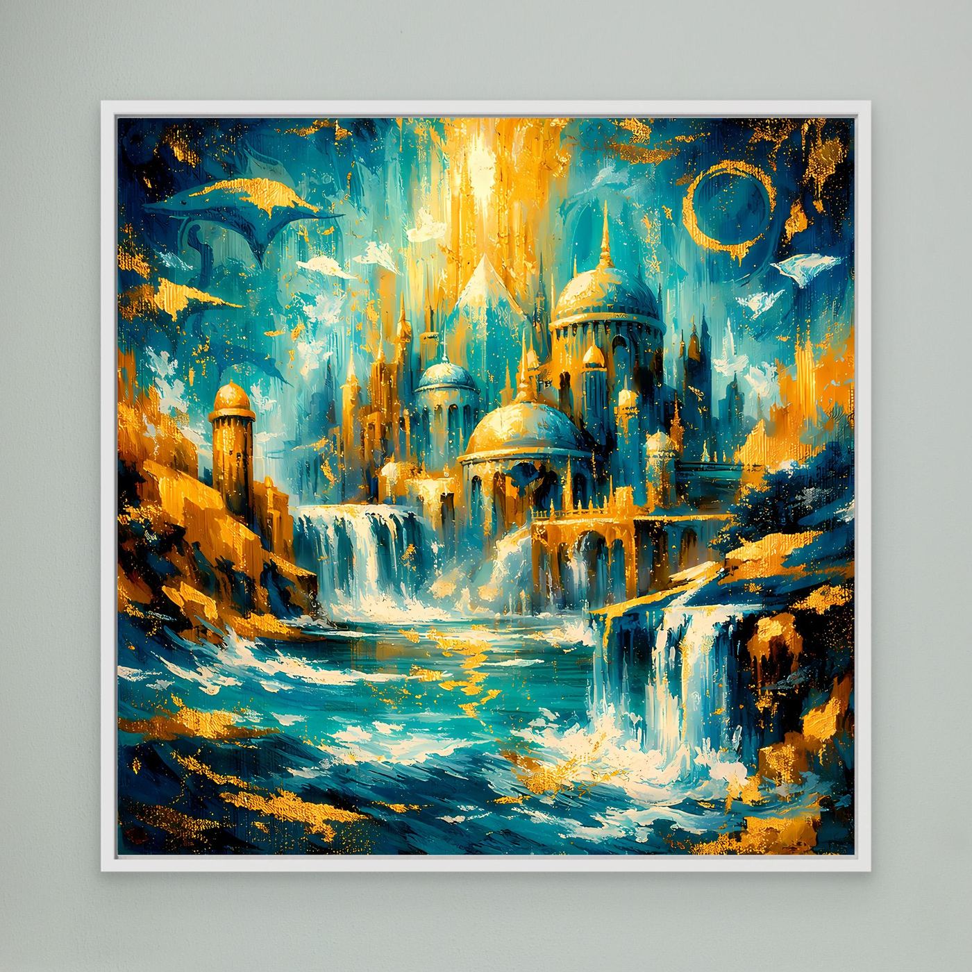 Leinwandbild mit abstrakter Fantasystadt, türkis und gold, weiß gerahmt