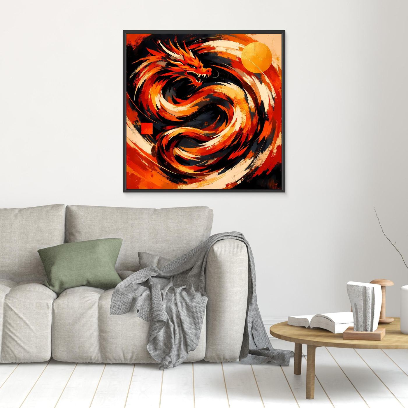 Kleines gerahmtes Leinwand-Wandbild mit rotem Drachen in feurigen Wirbeln, schwarzer Rahmen