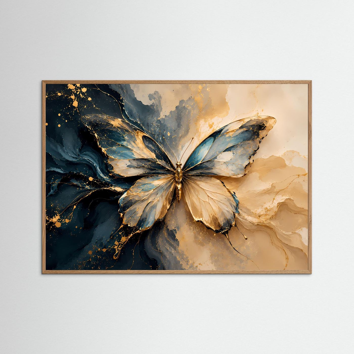 Eleganter Schmetterling in Blau & Gold | Abstrakte Kunst in Creme & Petrol