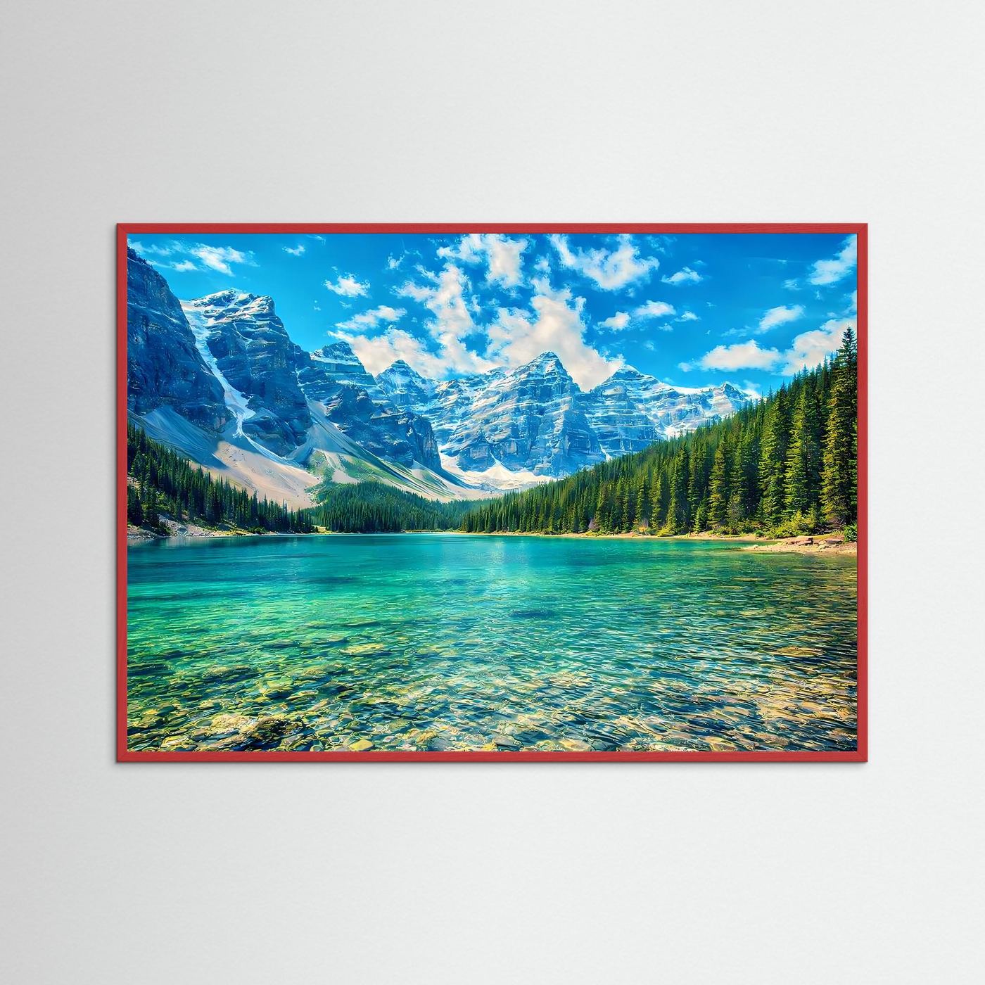 Wandposter mit türkisblauem Bergsee-Motiv, roter Holzrahmen, Querformat.