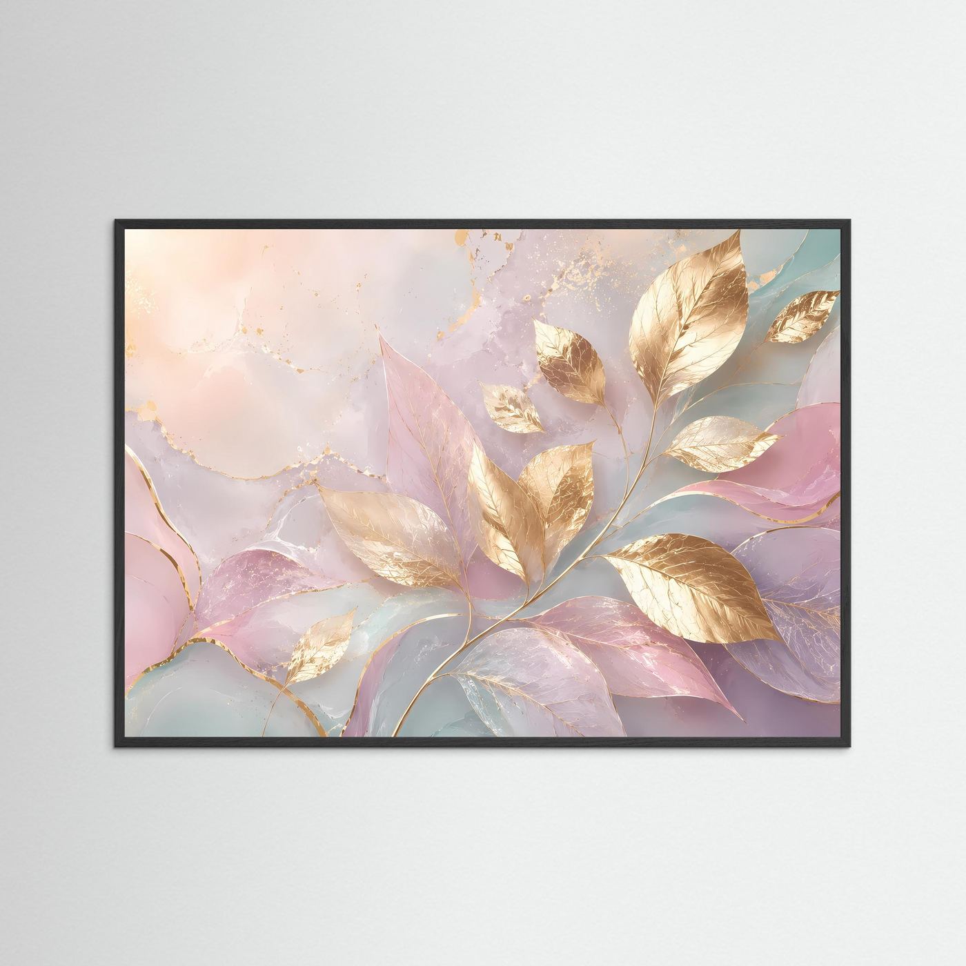 Goldene Blätter Poster | Pastell Wandkunst mit Gold | Elegante Botanische Abstrakte Kunst | Modernes Natur Wandbild