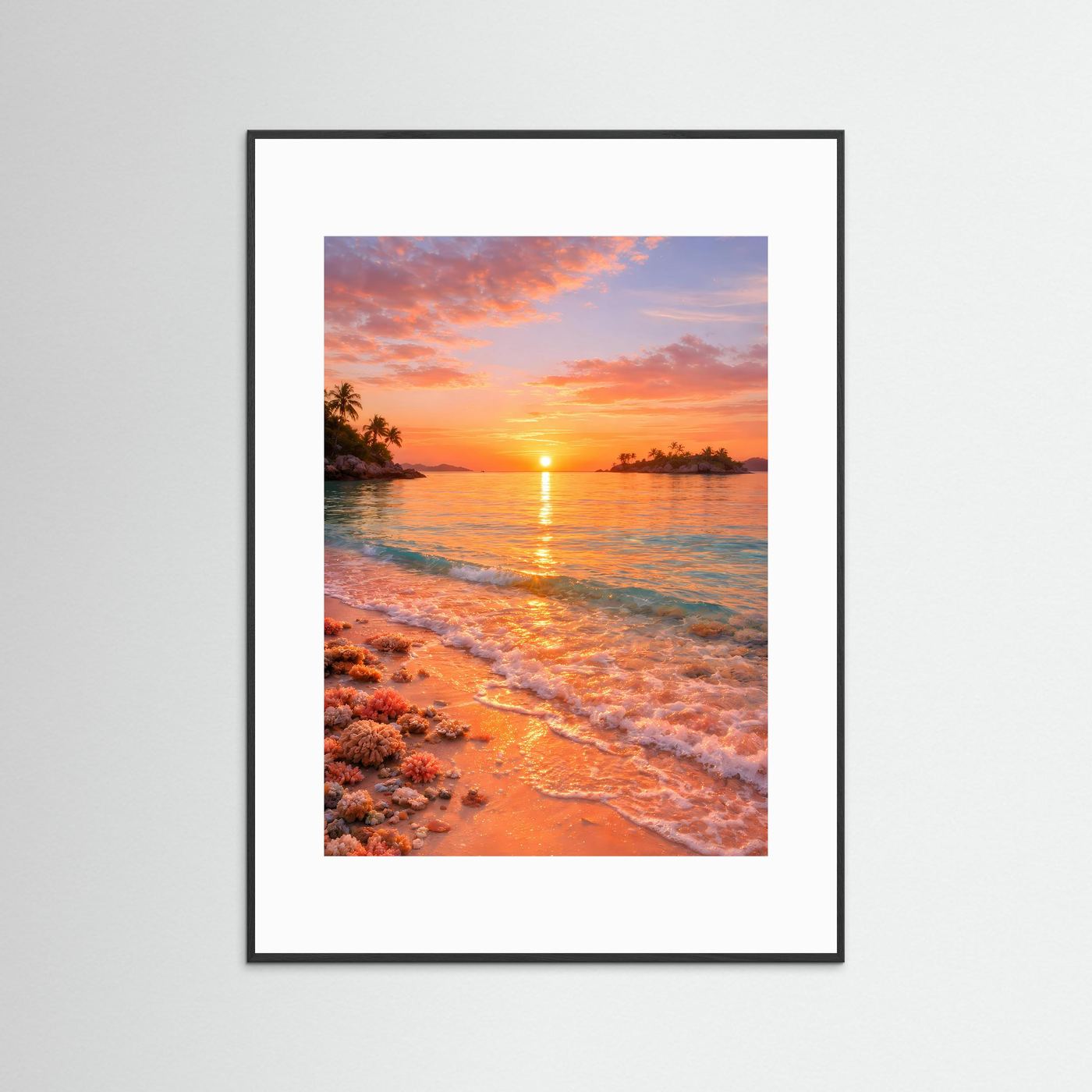 Strandposter im Hochformat mit schwarzem Rahmen und weißem Passepartout: Sonnenuntergang am Meer