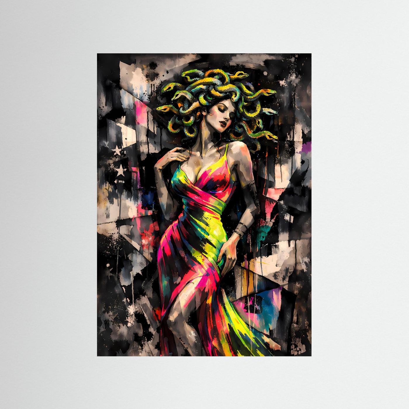 The Elegant Medusa | Luxuriöses Mythologie Poster Bunt & Dunkel | Abstraktes Medusa Kleid Kunstposter Hochformat