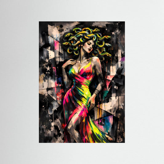 The Elegant Medusa | Luxuriöses Mythologie Poster Bunt & Dunkel | Abstraktes Medusa Kleid Kunstposter Hochformat