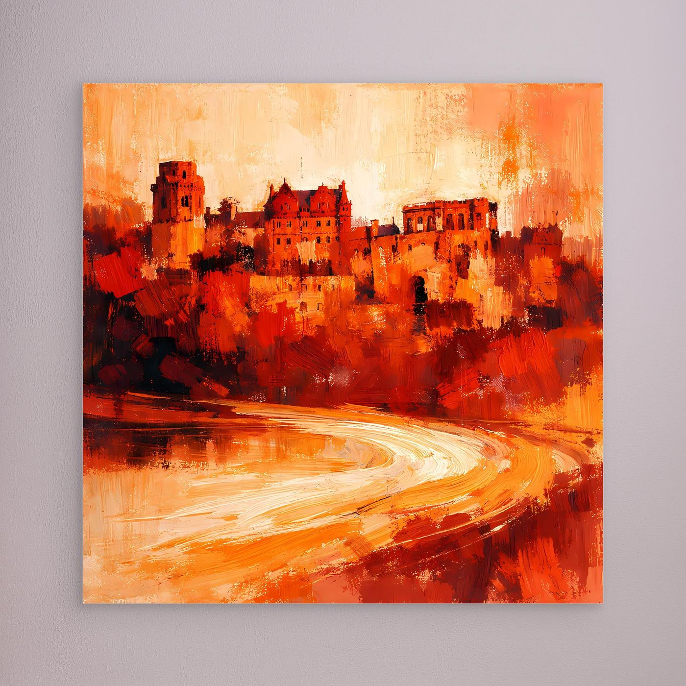 Leinwand Heidelberger Schloss im Abendlicht | Abstraktes Rot‑Ocker Wandbild mit Struktur und Tiefe
