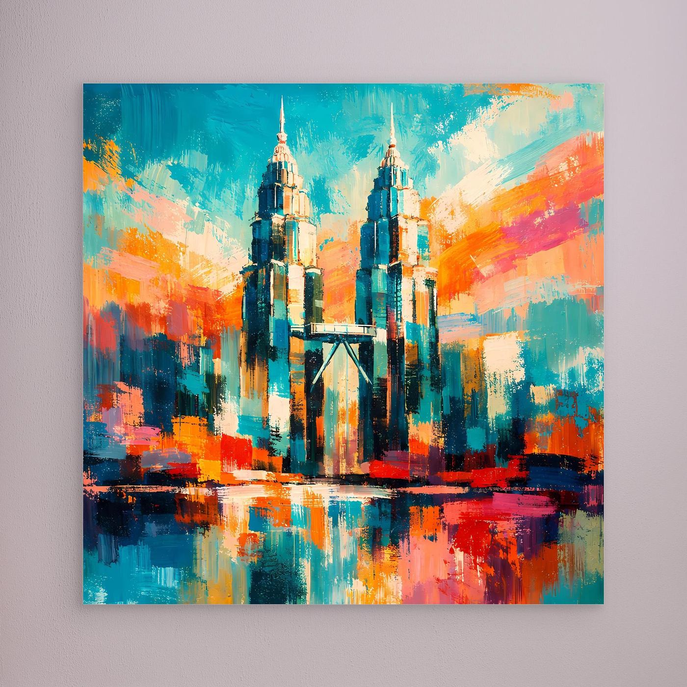 Leinwand-Wandbild mit farbigem abstraktem Türmepaar und Spiegelung, ohne sichtbaren Rahmen
