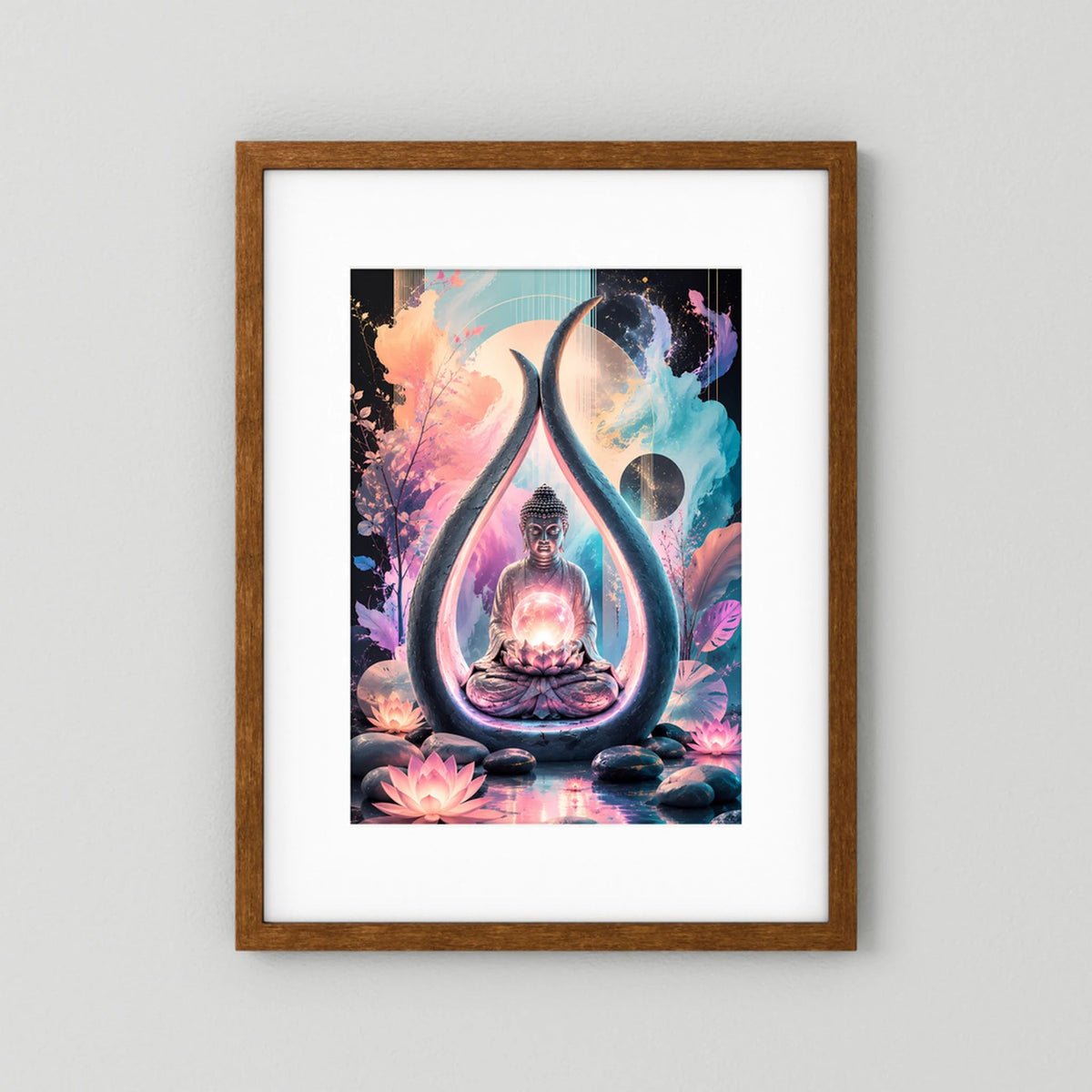 Hochformat-Poster im braunen Holzrahmen mit weißem Rand, Buddha und Lotus
