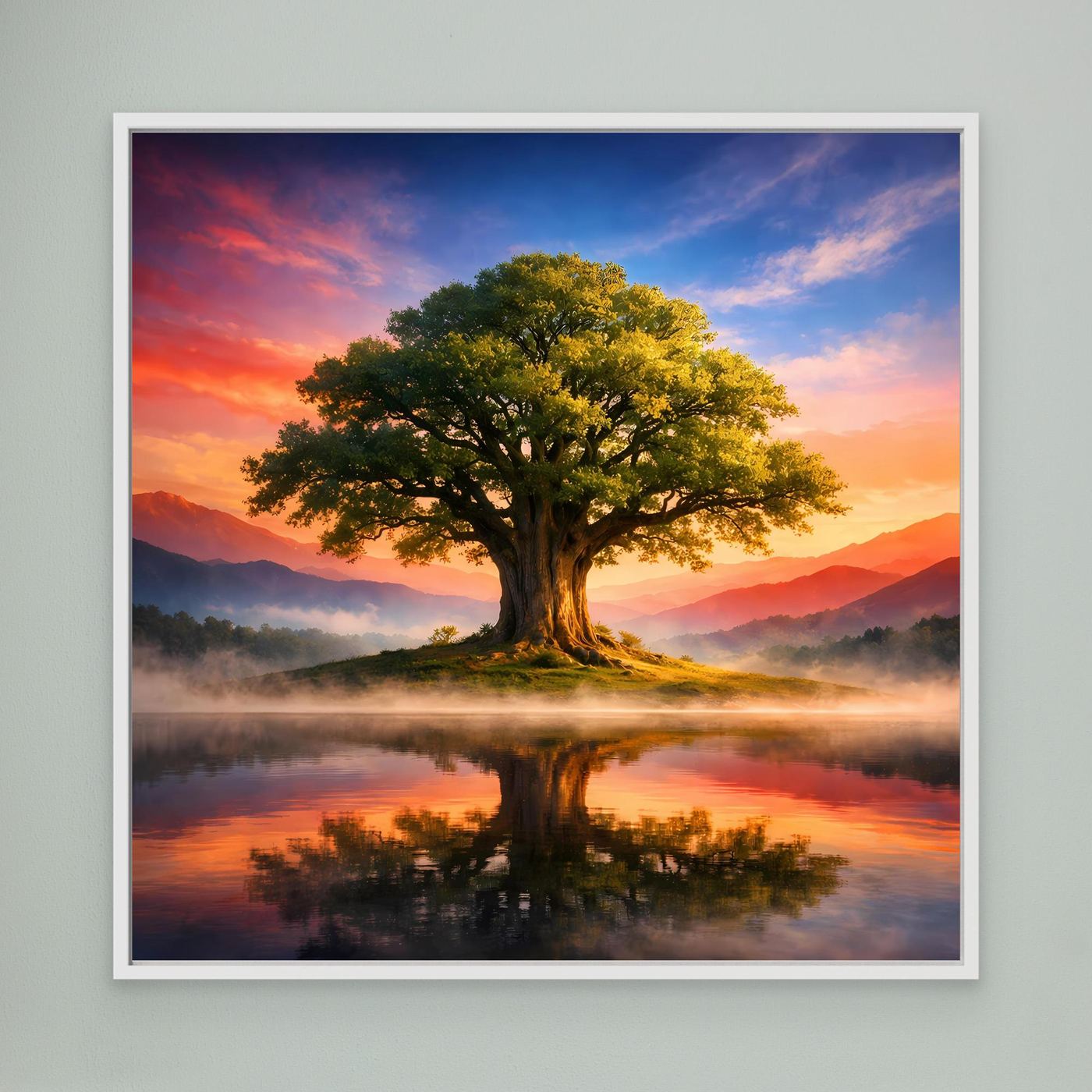 Leinwandbild Lebensbaum mit See-Spiegelung im Sonnenuntergang, weiß gerahmt.