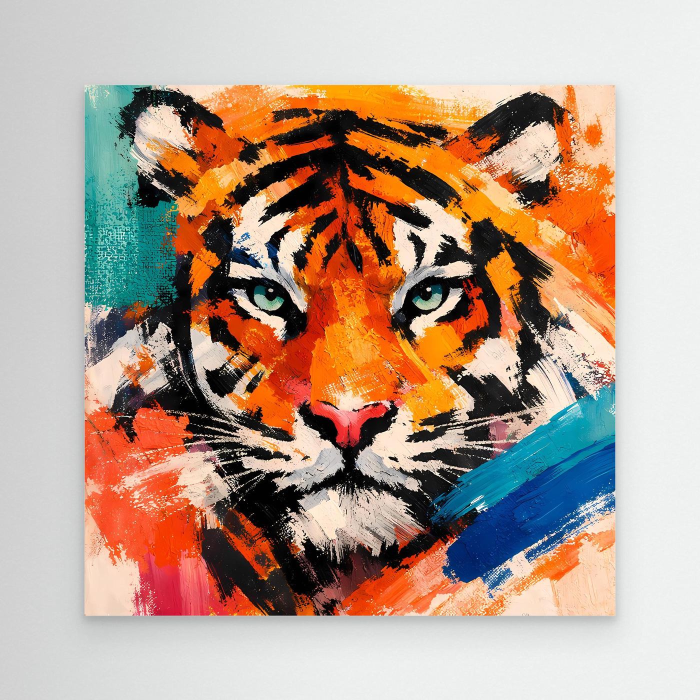 Abstract tiger wall art, orange-and-black tiger face with teal, blue, and orange strokes