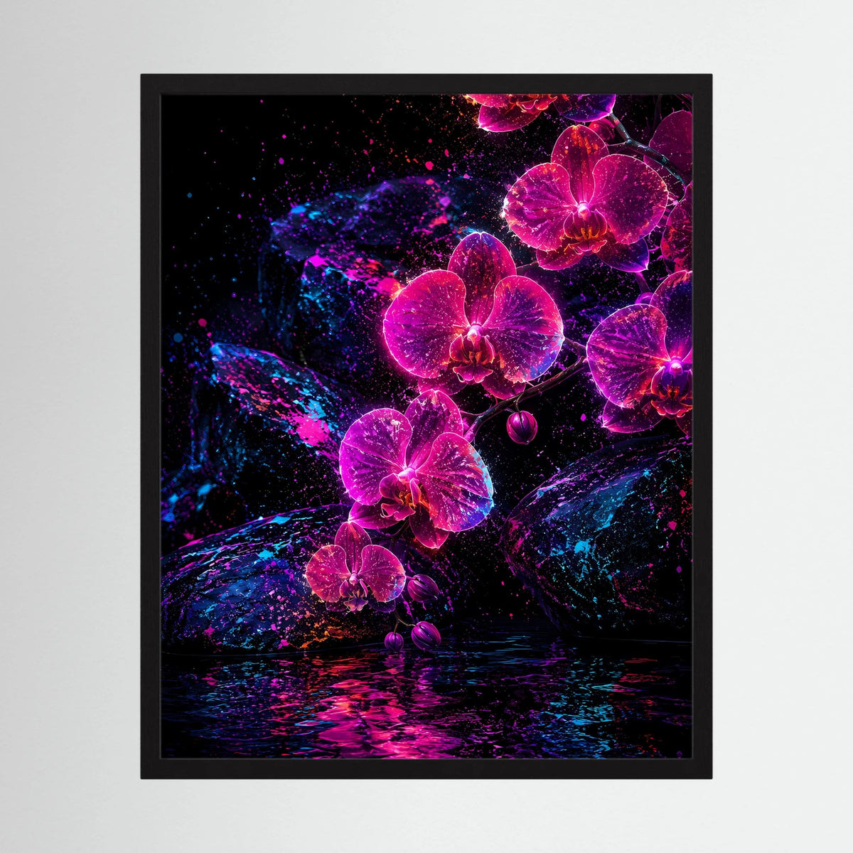 Kunstposter Hochformat in schwarzem Rahmen mit Neon-Orchideen in Pink und Violett