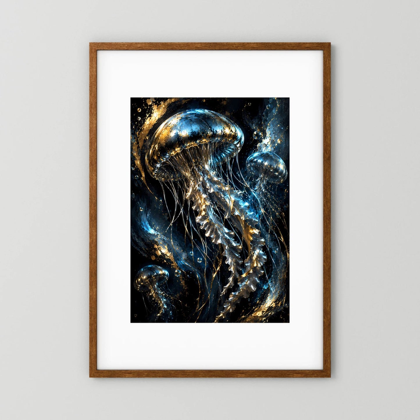 Hochformat-Poster mit goldenen Quallen in Blau und Schwarz, im Holzrahmen mit weißem Rand