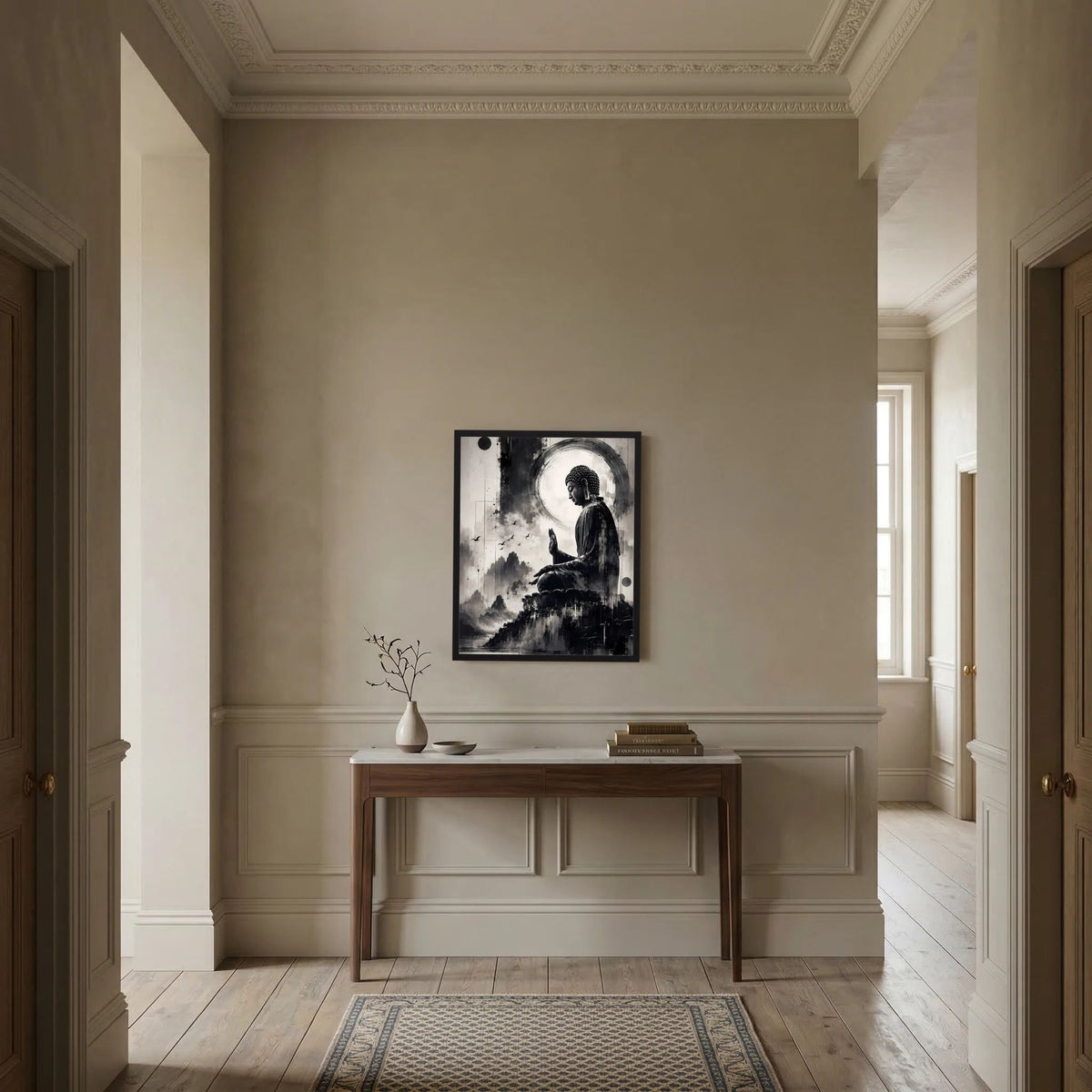 Schwarzweißes Buddha-Zen-Poster im Rahmen auf einer Flurkonsole