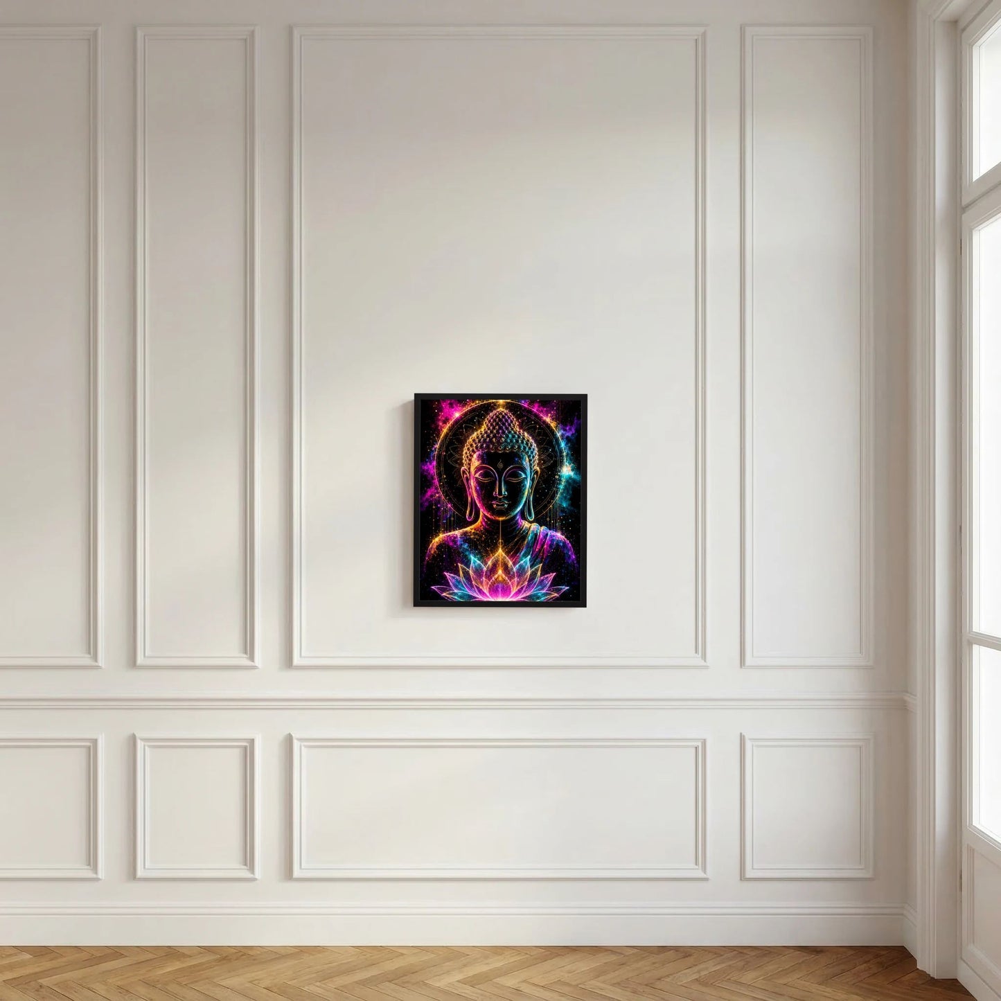 Neon-Kunstposter mit Buddha-Kopf und Lotus unten, Pink-Türkis-Gold, schwarze Einfassung