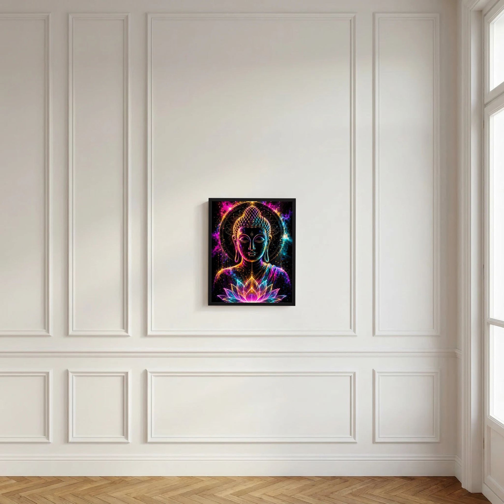 Neon-Kunstposter mit Buddha-Kopf und Lotus unten, Pink-Türkis-Gold, schwarze Einfassung