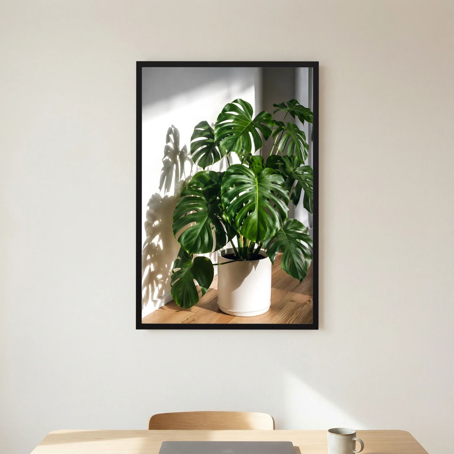 Monstera-Poster mit schwarzem Rahmen, große grüne Blätter im weißen Pflanztopf