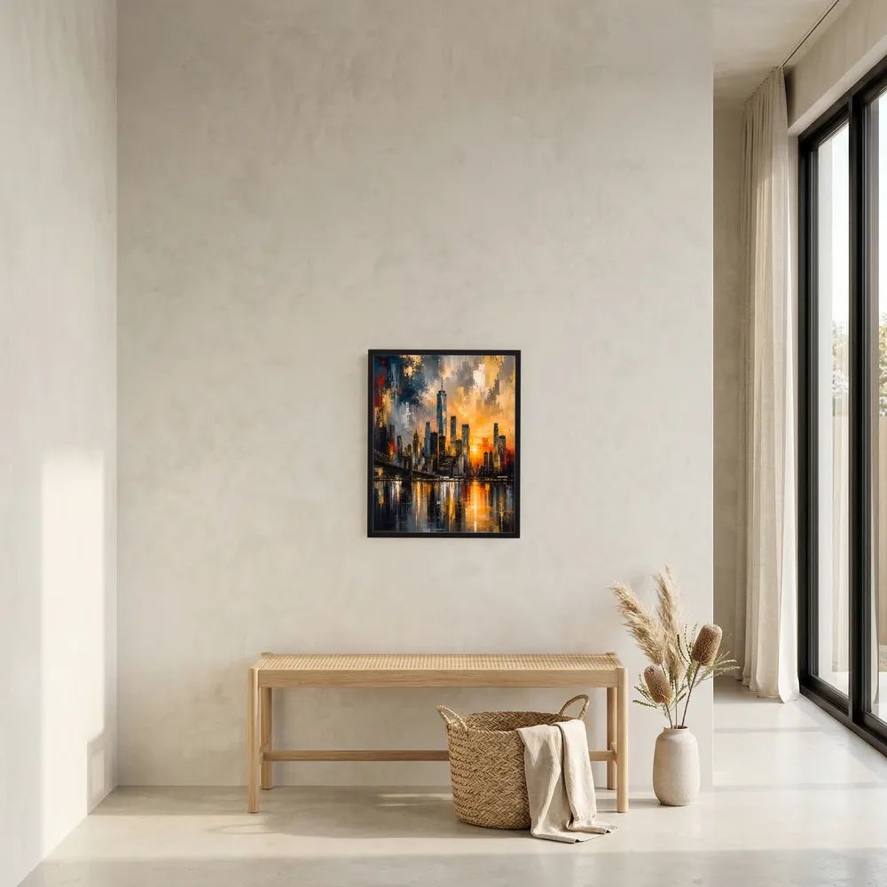 Gerahmtes Poster mit Skyline-Motiv in Gold, Schwarz und Orange, leuchtende Gebäude