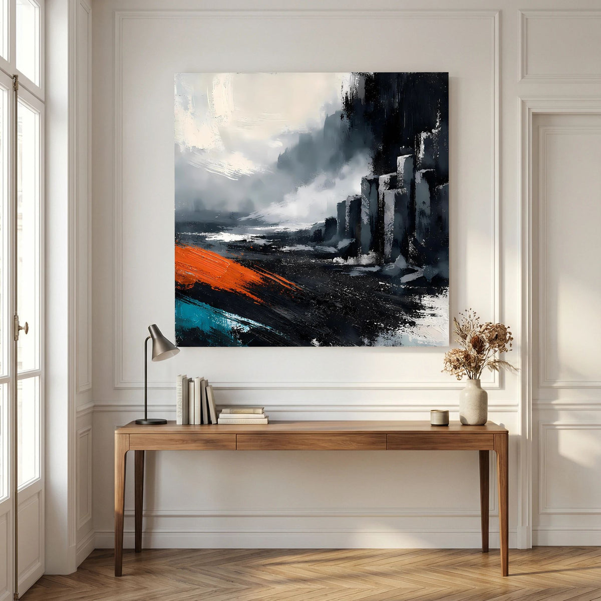 Leinwand Abstraktes Basaltsäulen Gemälde | Modernes Isländisches Vulkan Wandbild Schwarz Orange