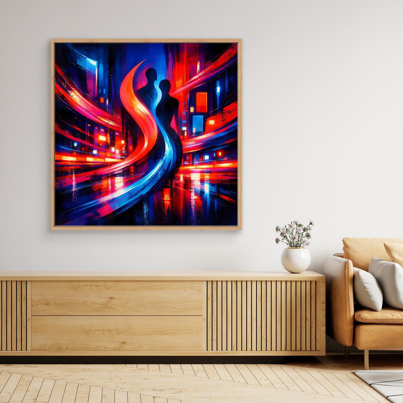 Wandbild mit Paar-Silhouette im Cyberpunk-Look, leuchtende Reflexe in Blau und Rot, Holzrahmen