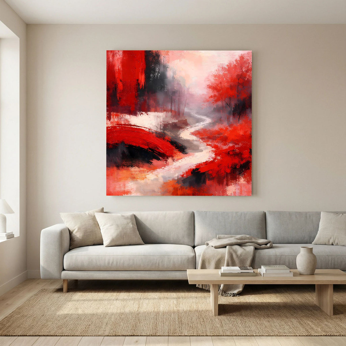 Abstraktes rotes Wandbild mit Brücke über gewundenem Fluss, dunkle Farbstriche und Licht