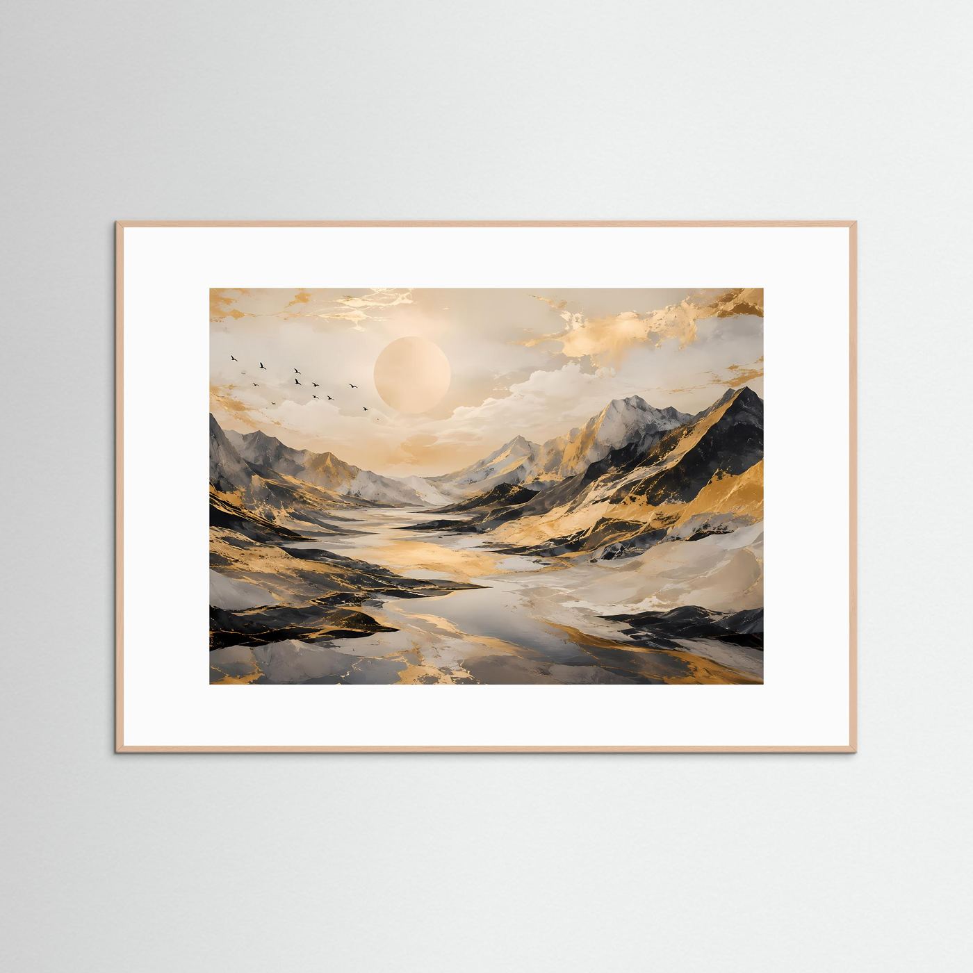 Abstrakte Berglandschaft mit Goldakzenten | Modernes Poster in Schwarz, Weiß & Gold | Edles Wandbild Querformat
