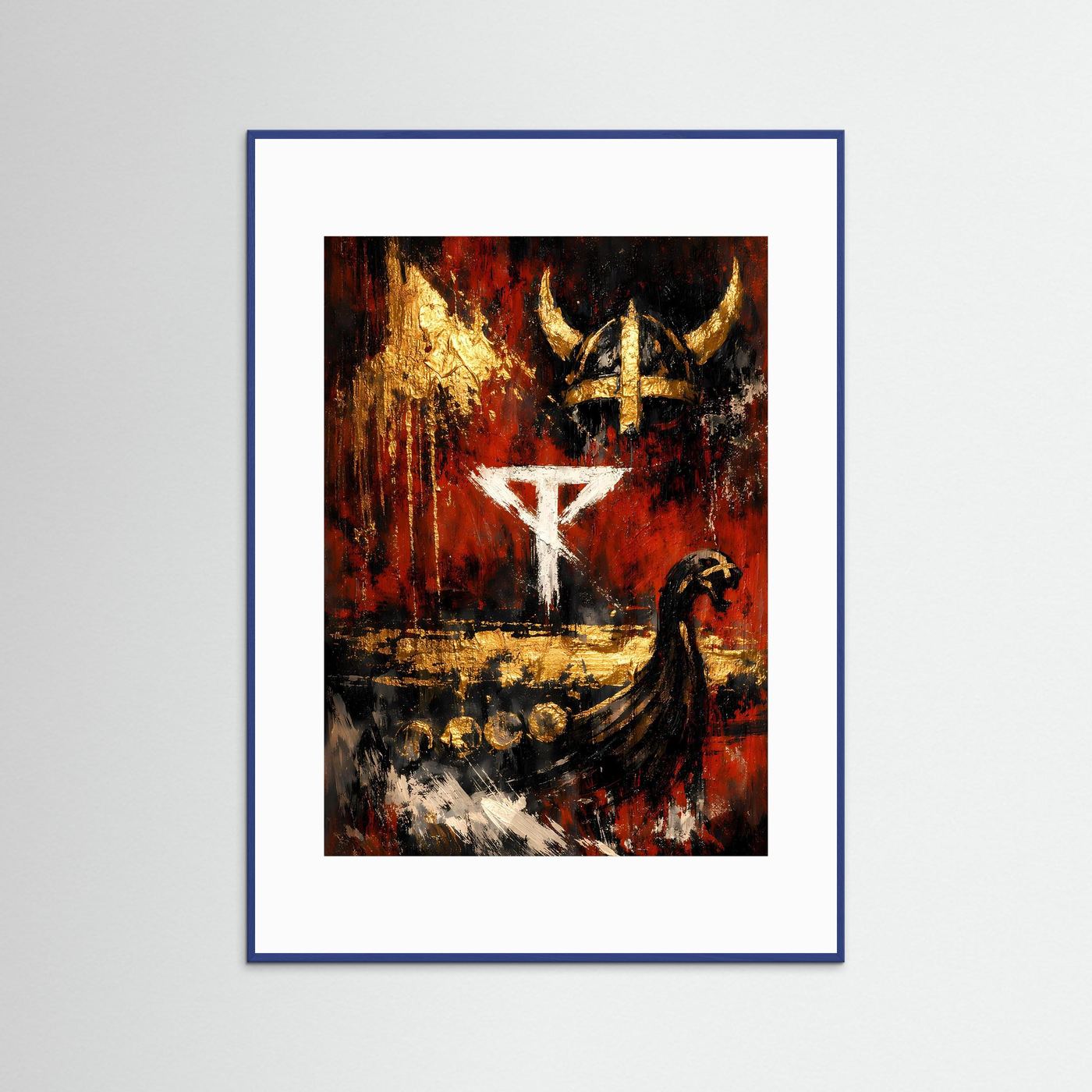 Vikinger-Kunstposter im Hochformat mit rotem, schwarzem und goldenem Motiv, blauer Rahmen