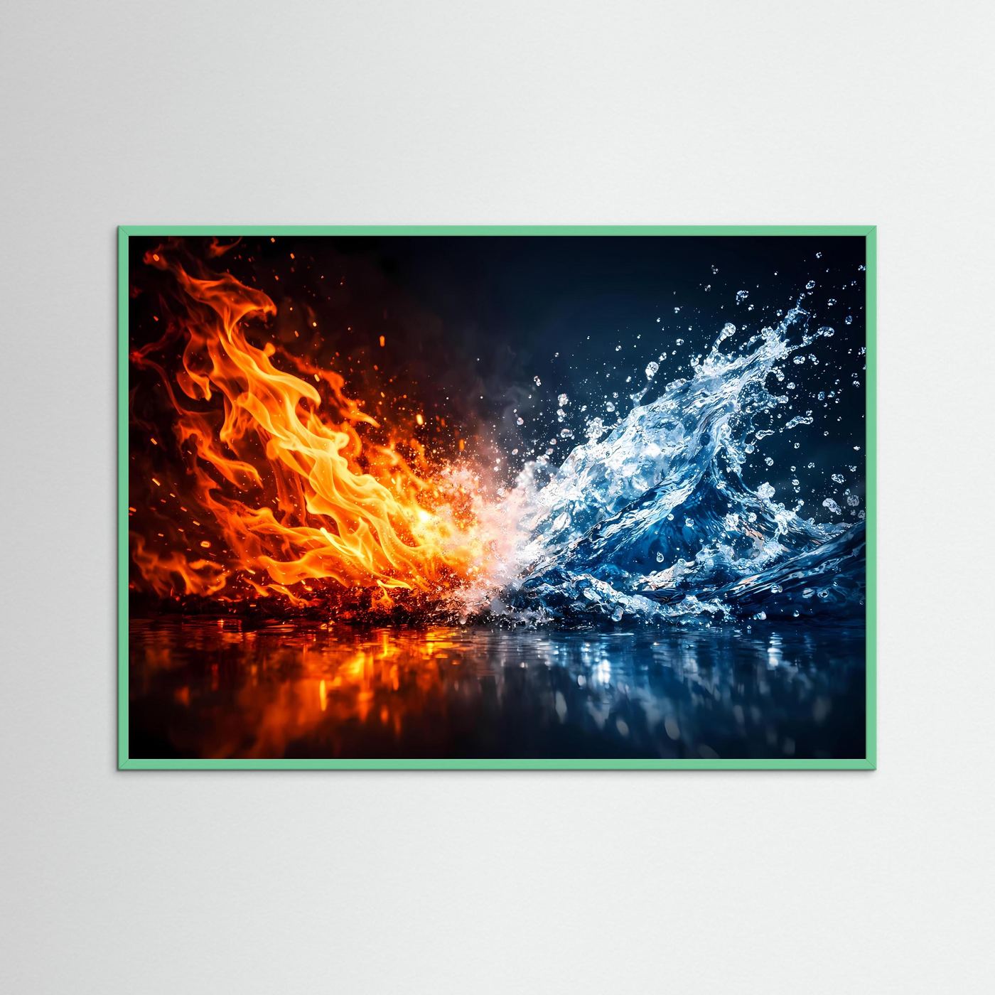 Gerahmtes Querformat-Poster mit Feuer und Wasser, grüner Rahmen, orange Flammen und blaues Nass