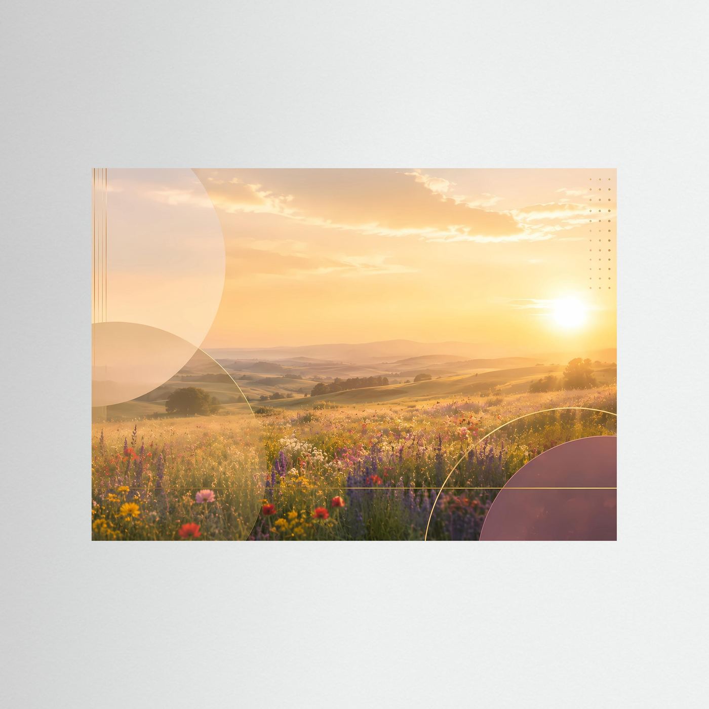 Blühende Sommerwiese im Goldenen Sonnenuntergang | Romantische Landschaft mit Wildblumen, sanften Hügeln und warmem Abendlicht | Moderne Natur Wandkunst im Querformat