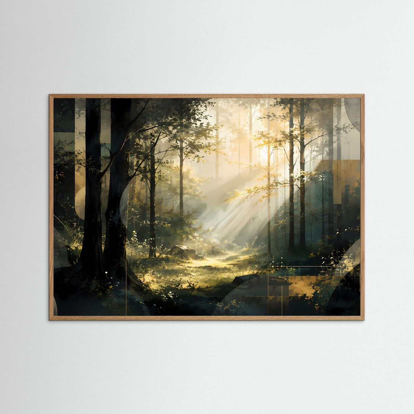 Wald-Wandkunst im Sonnenlicht mit braunem Holzrahmen, dichte Bäume im Licht, Querformat