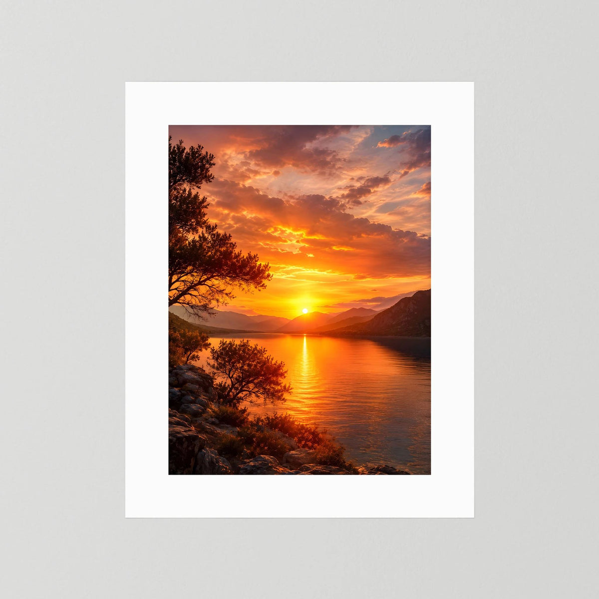 Hochformat-Poster Sonnenuntergang am See mit Bergen, ohne Rahmen, weißes Passepartout