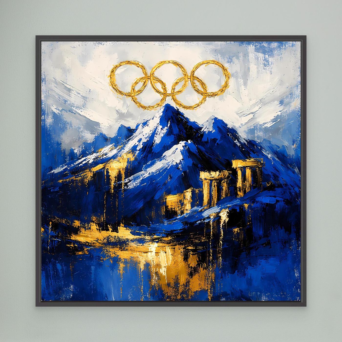 Leinwand Olympischer Geist am Mount Olympus | Abstraktes Berge Wandbild Gold Blau