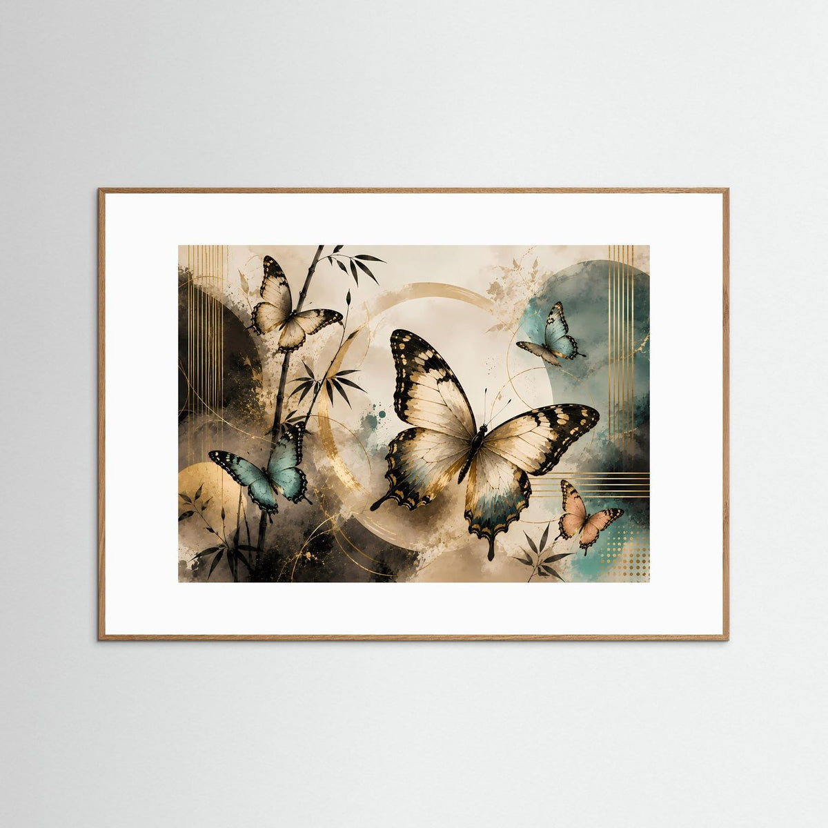 Gerahmtes Wandbild mit Schmetterlingen in Gold und Türkis, hellbrauner Rahmen
