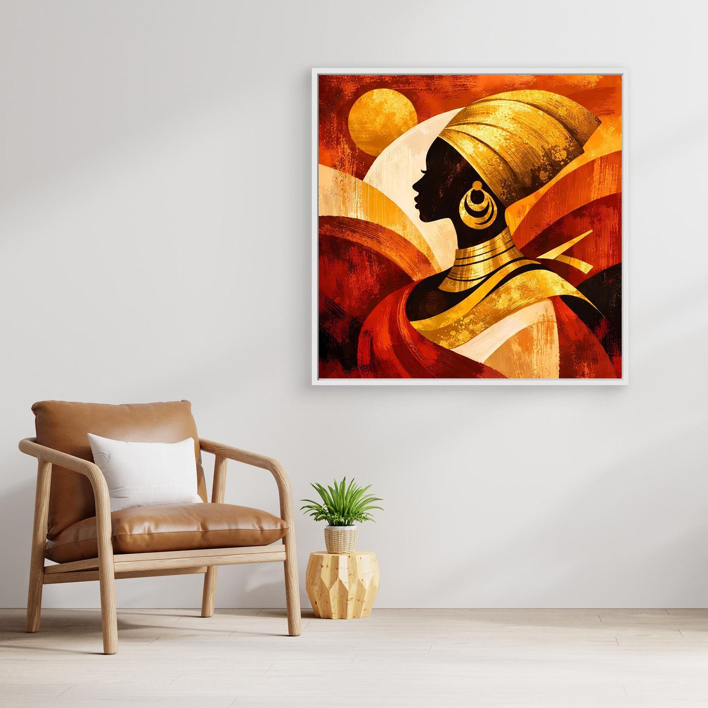 Quadratisches Leinwandbild: schwarze Frauensilhouette mit goldener Kopfbedeckung, warme Rotbrauntöne