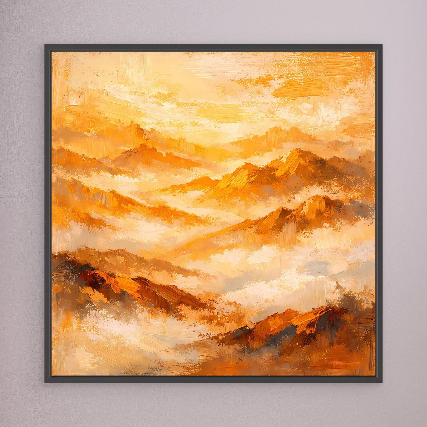 Wandbild auf Leinwand mit abstraktem Gebirgsdesign in Orange-Gold, schwarz gerahmt