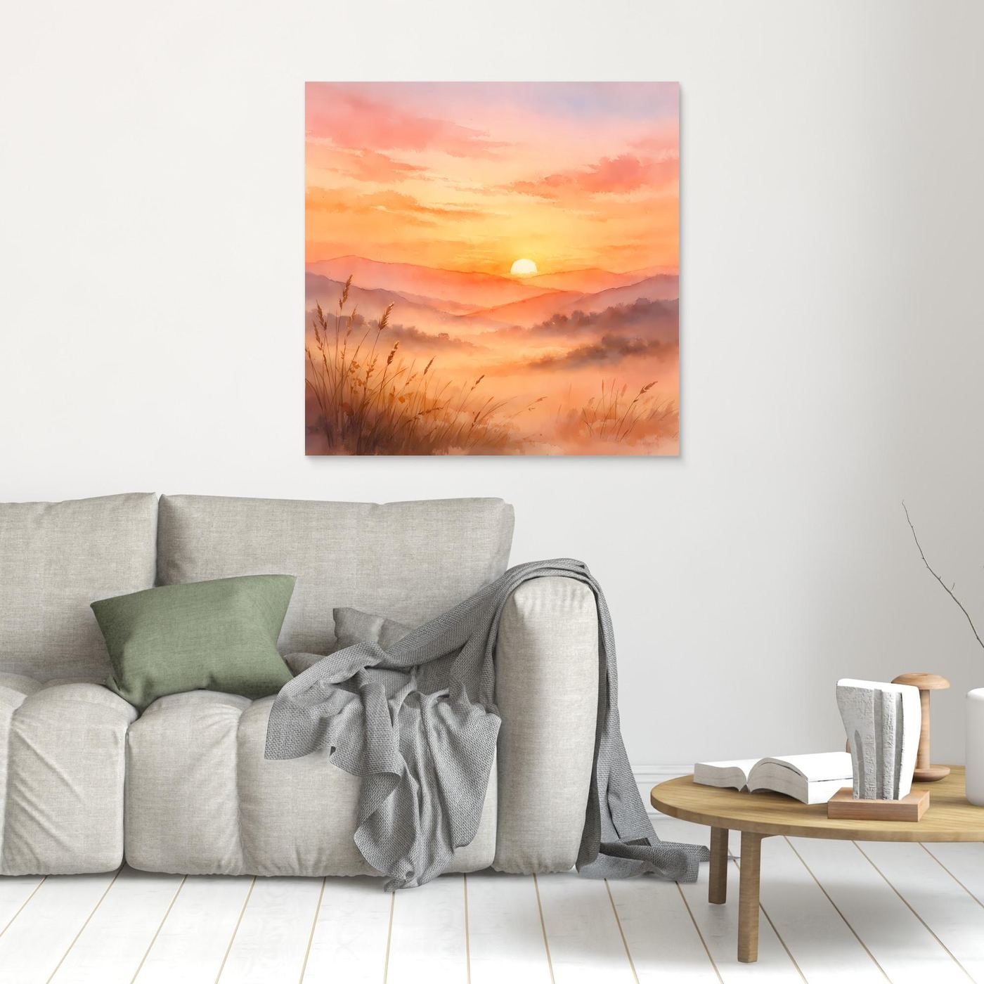 Leinwandbild Sonnenuntergang in den Bergen mit dünnem Holzrahmen