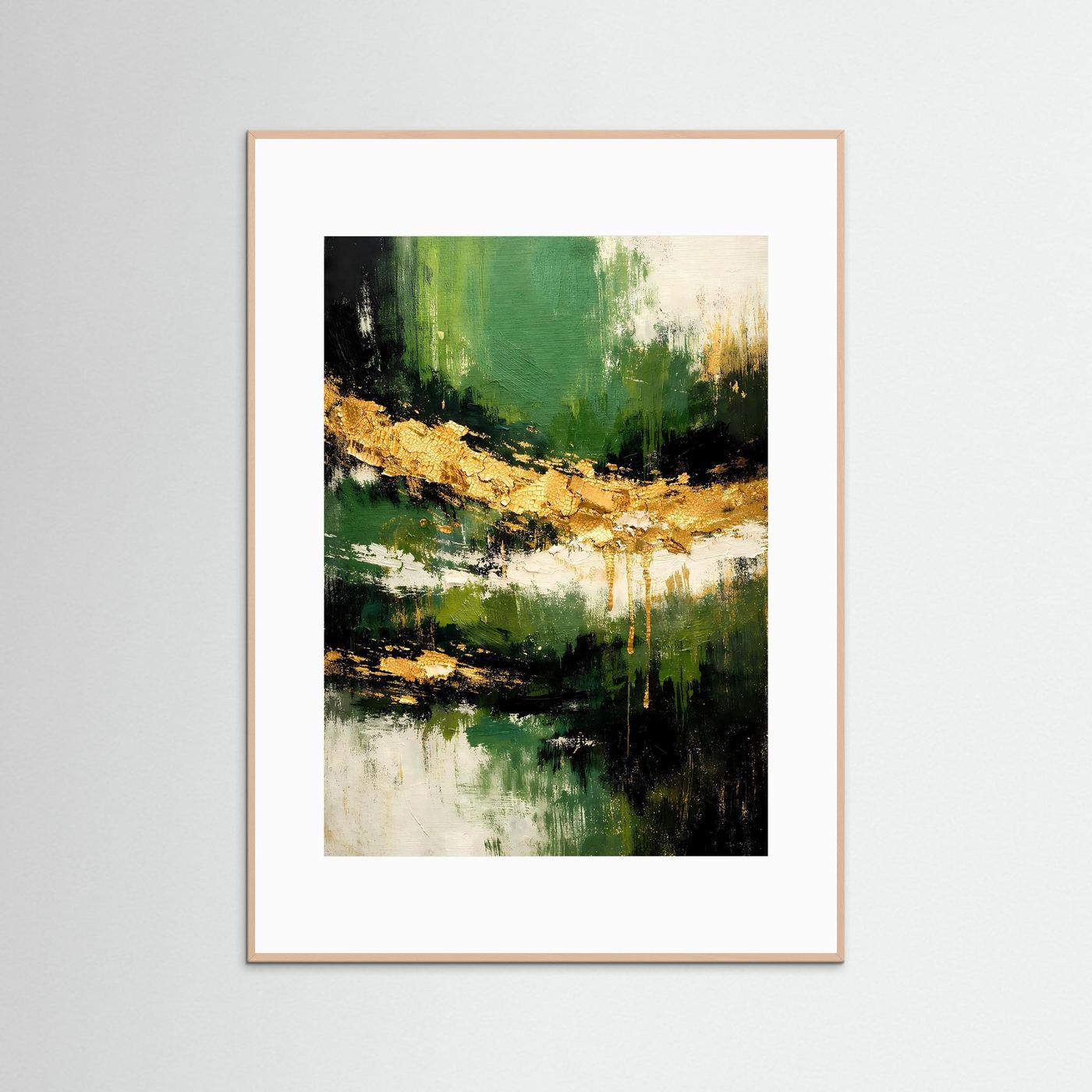 Abstraktes Poster im Hochformat mit Landschaftsmotiv, moosgrün und goldfarben, cremefarbener Rahmen