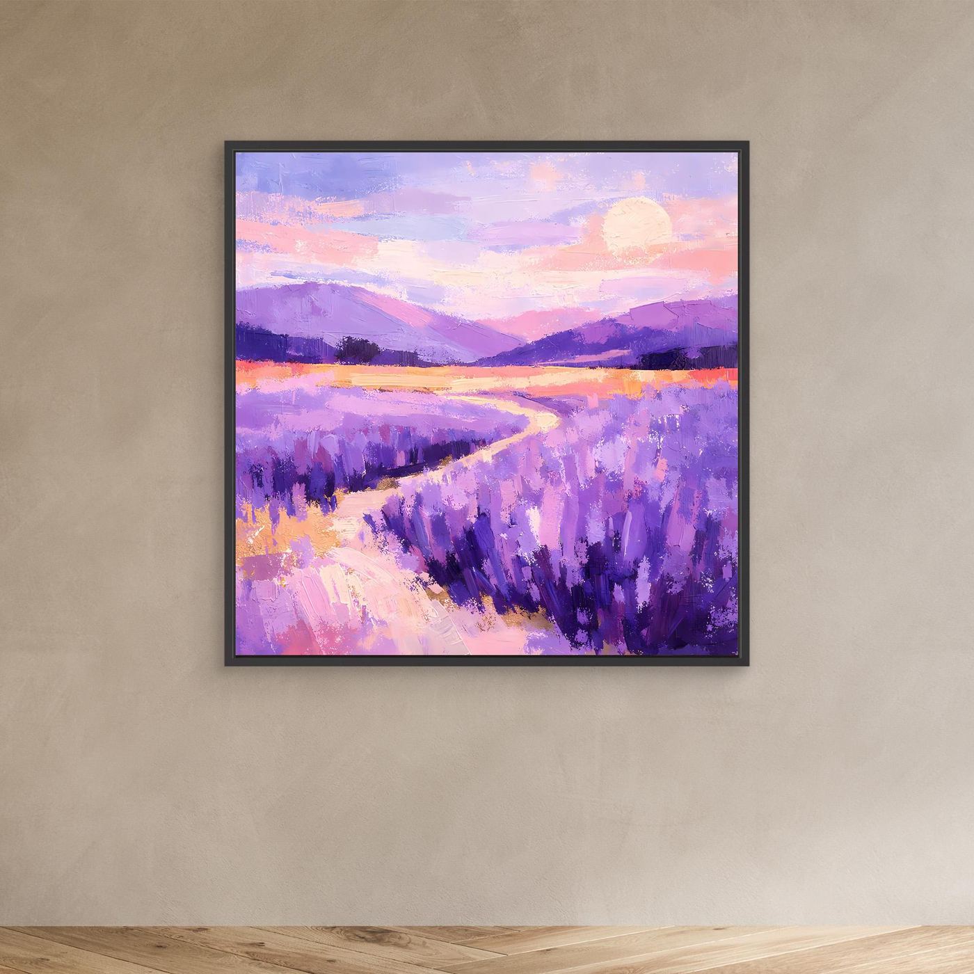 Abstraktes Leinwand-Wandbild mit schwarzem Rahmen: lila Lavendel, gelber Weg, Sonne