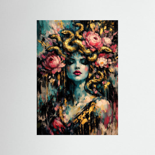 Hochformatiges Kunstposter: Frauenporträt in Türkis, Rosen und goldene Schlangenornamente.
