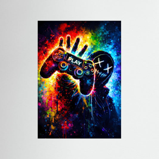 Next Level Gaming | Abstraktes Gaming Poster mit Controller & Neon-Graffiti | Modernes Kunstposter Hochformat