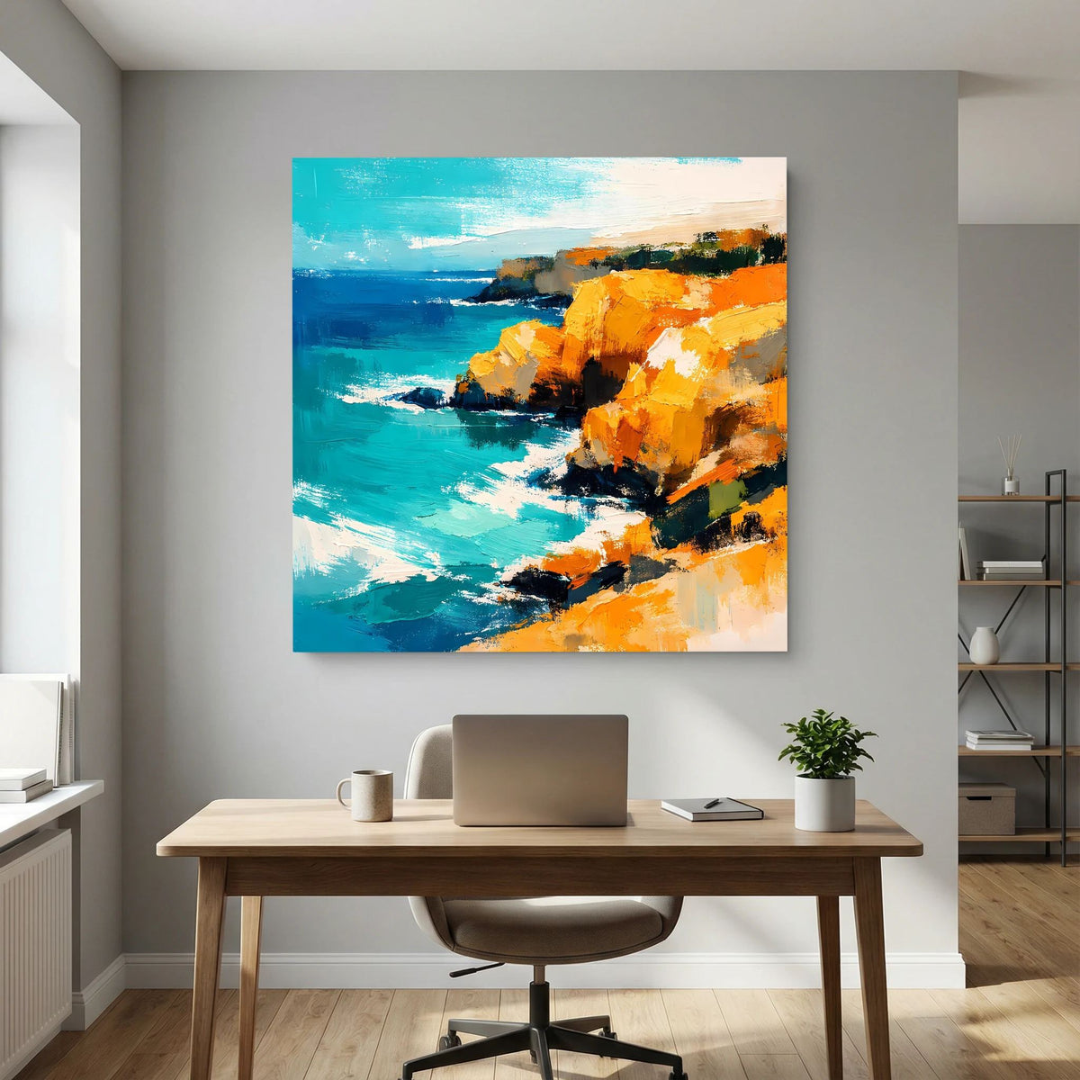 Leinwand Abstraktes Steilküsten Gemälde | Modernes Mediterranes Meeres Wandbild Blau Gelb