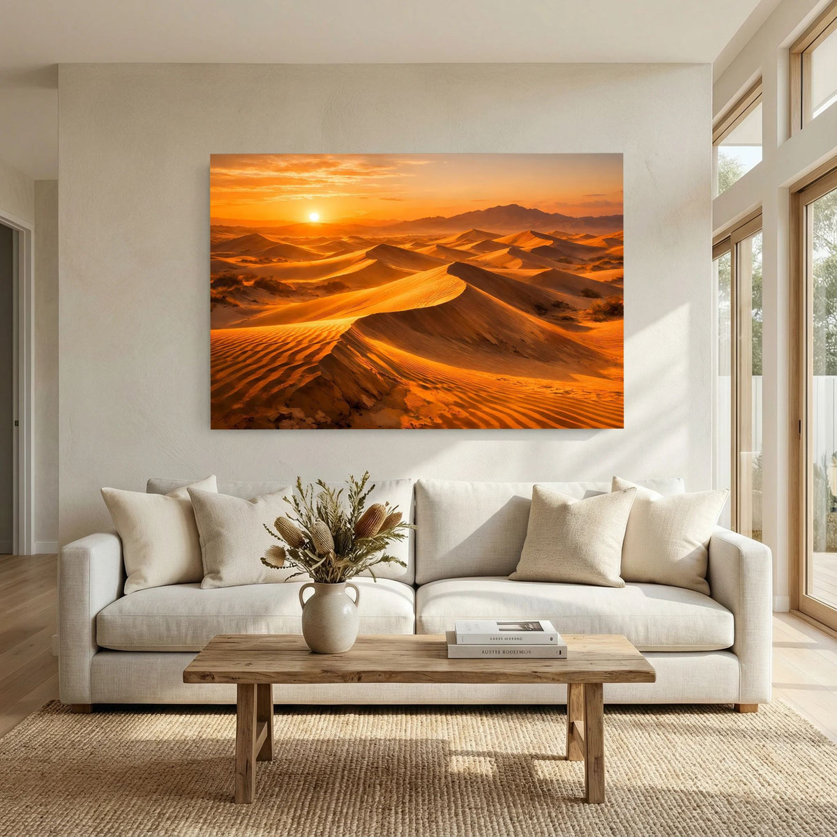 Wandbild mit goldenen Sanddünen im Abendlicht über hellem Sofa, rechteckig