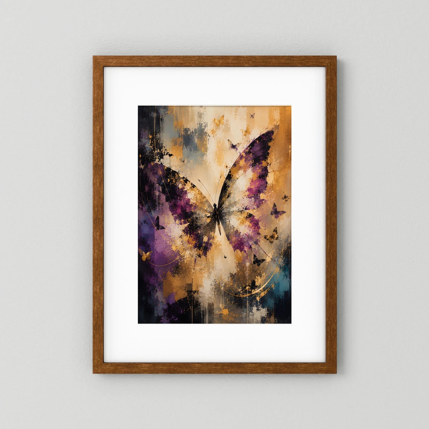 Hochformat-Kunstposter mit abstrakten Schmetterlingen, Violett, Creme & Gold, brauner Holzrahmen