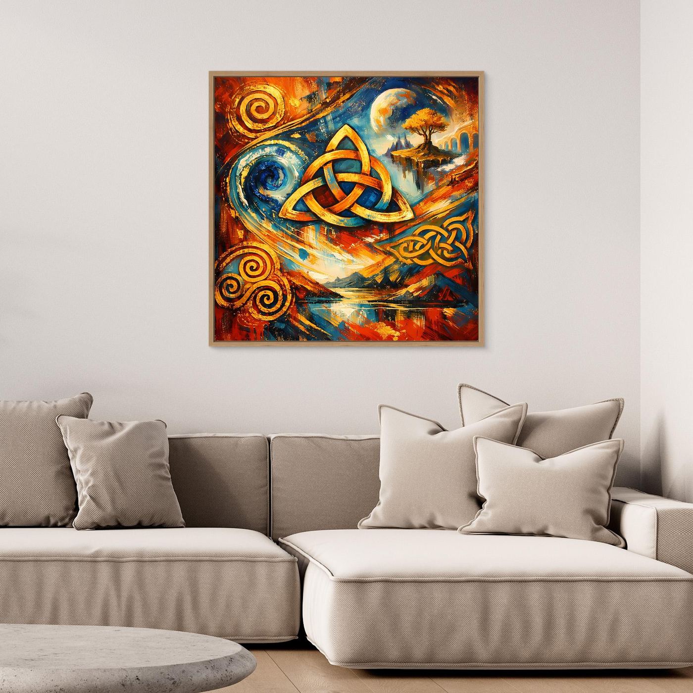 Gerahmtes Leinwandbild mit keltischer Triquetra, bunten Farbfeldern und Spiralmotiven in Blau, Orange.