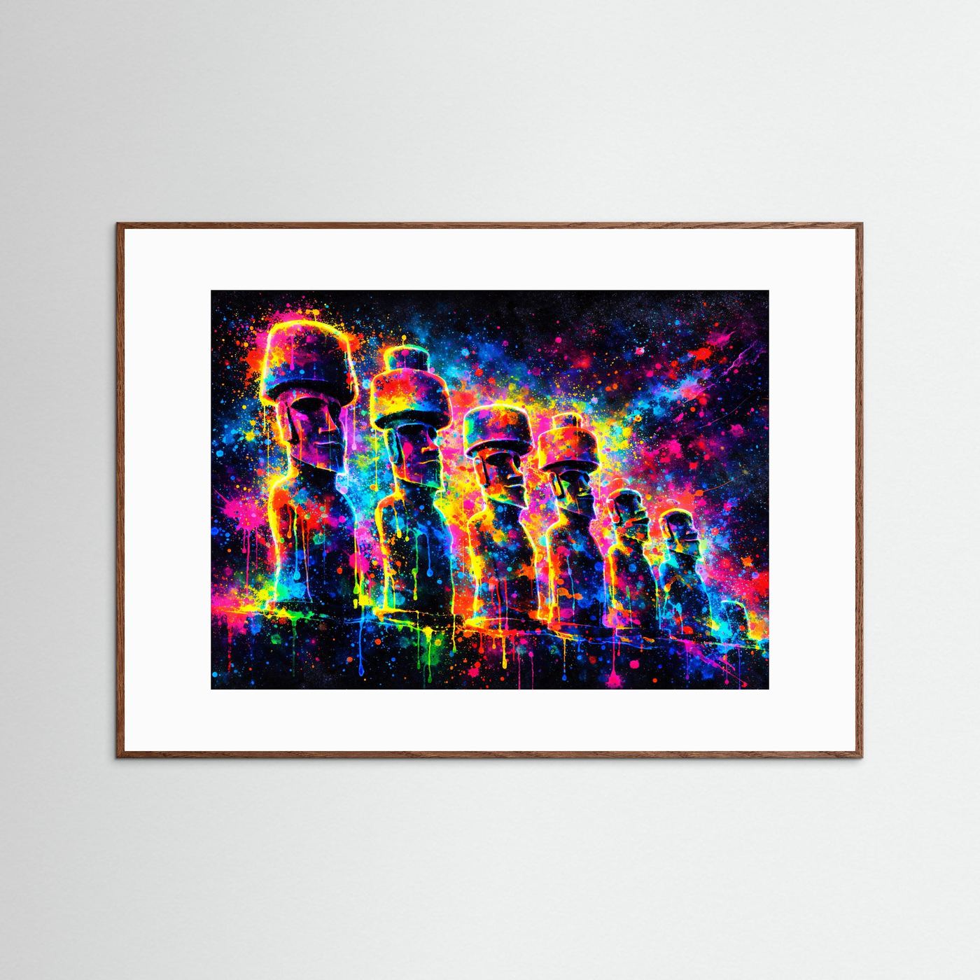 Farbenfrohe Moai Statuen mit Kopfbedeckung | Neon Pop Art & Osterinsel Wandbild Querformat