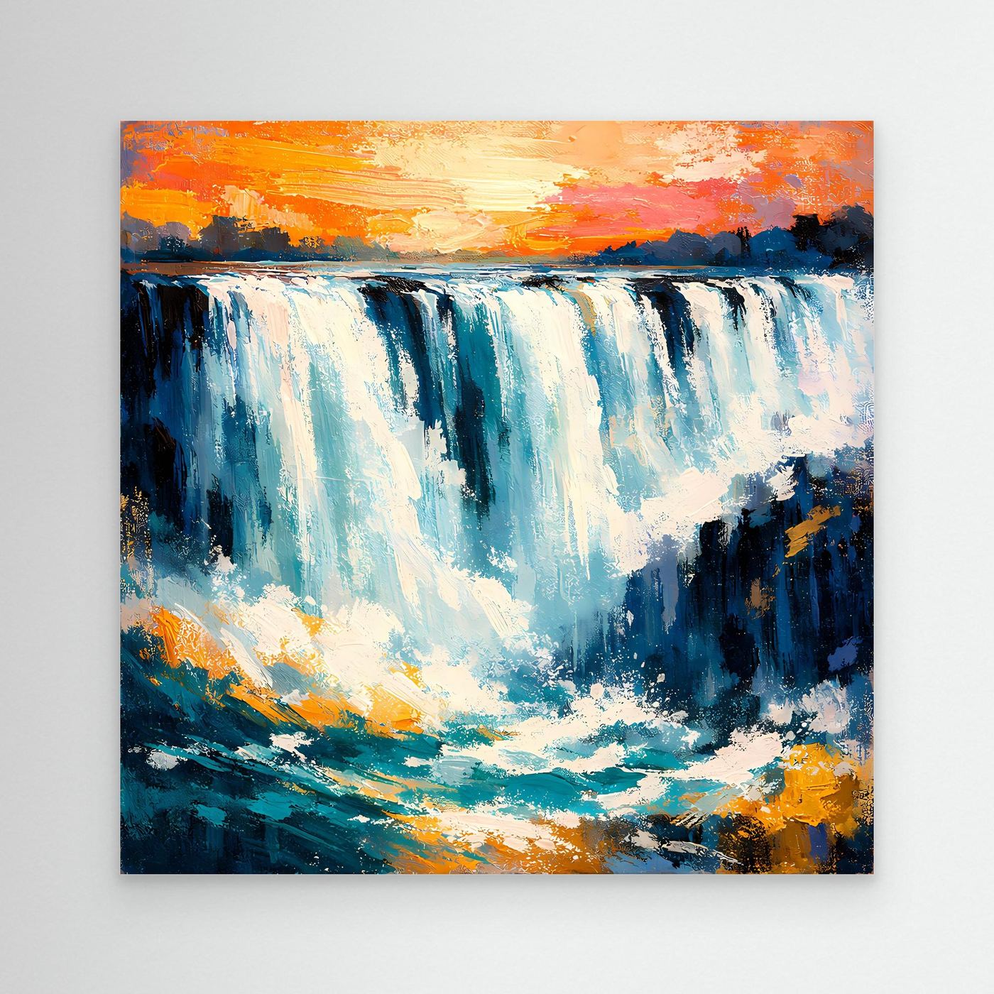 Leinwand-Wandbild mit abstraktem Wasserfall in Blau und Orange, nahansichtig